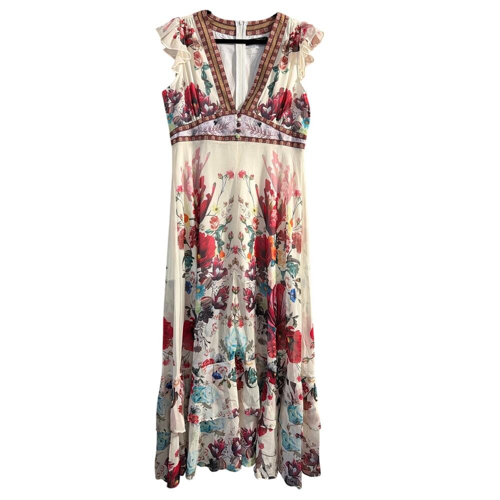 Dalia Macphee Women's Cream Floral Boho Deep V-Neck Maxi Dress Sz Extra Large XL
